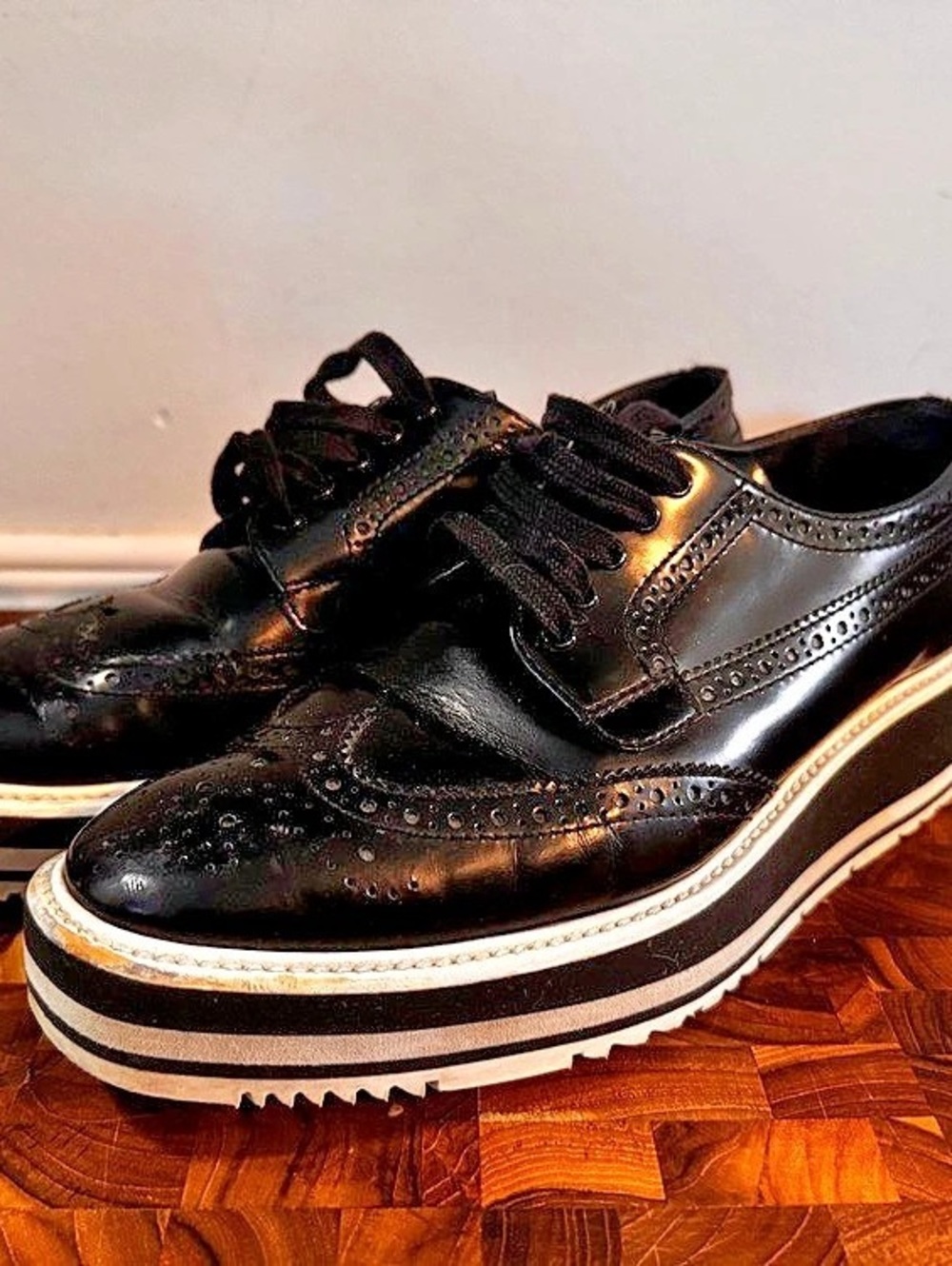 Prada Platform Wingtip Brogue Oxford Sneakers Black & White EU 38